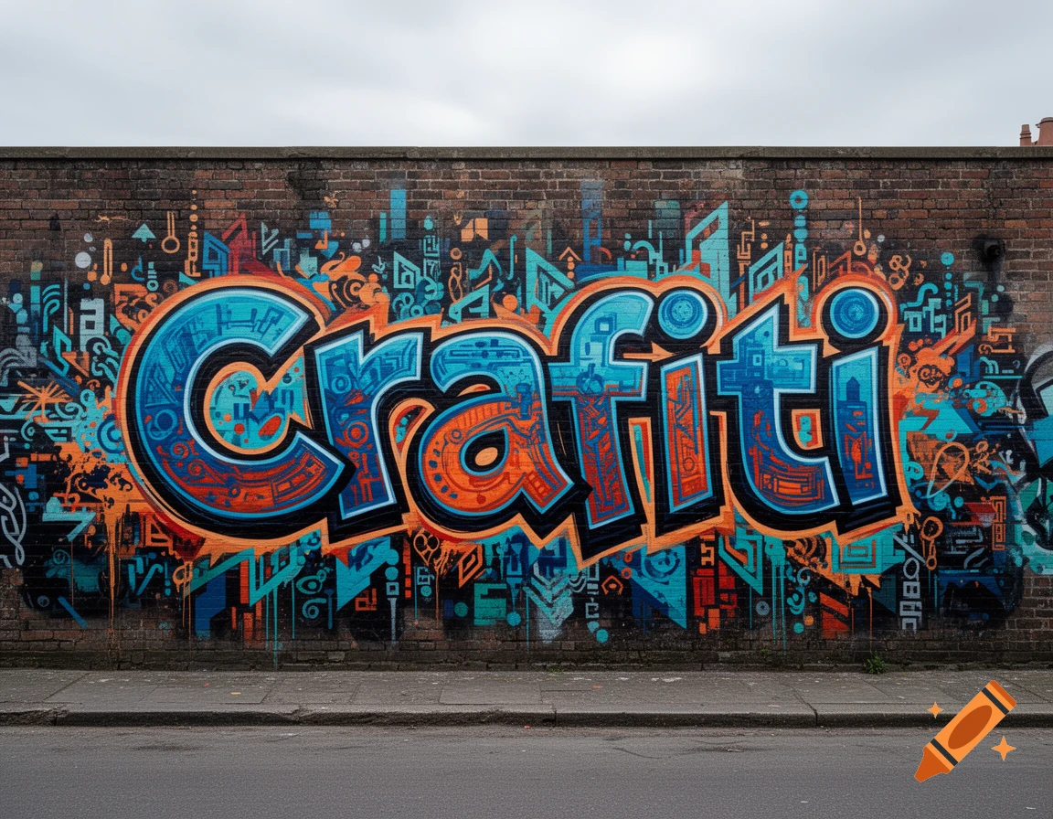 Colorful graffiti spelling "Crafiti" on a brick wall, seen from a street perspective under a cloudy sky.