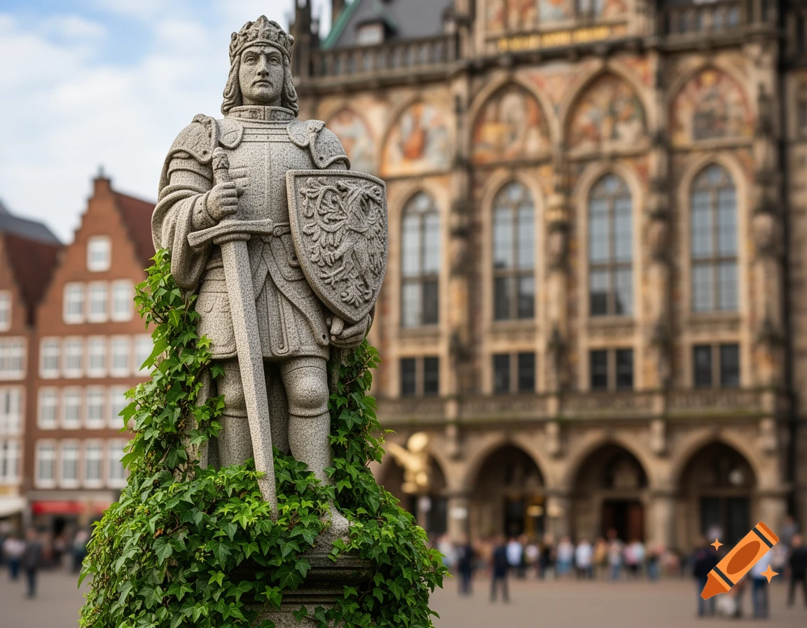 Photorealistic stone statue of a knight holding a sword and shield, covered in ivy, in front of a historic European building.