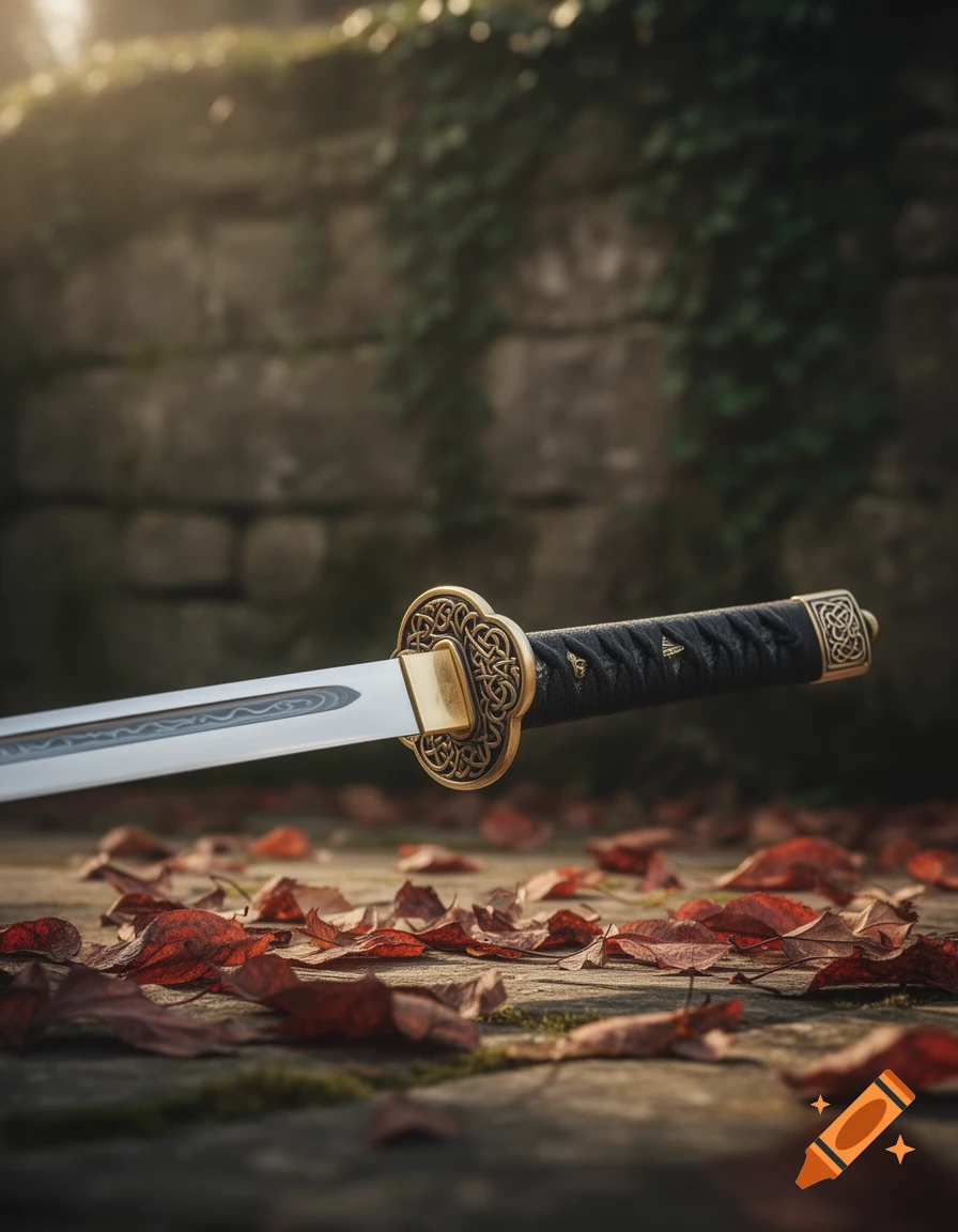 A katana-style sword with an ornate gold hilt and black wrapped grip lies on a stone path amidst red autumn leaves.