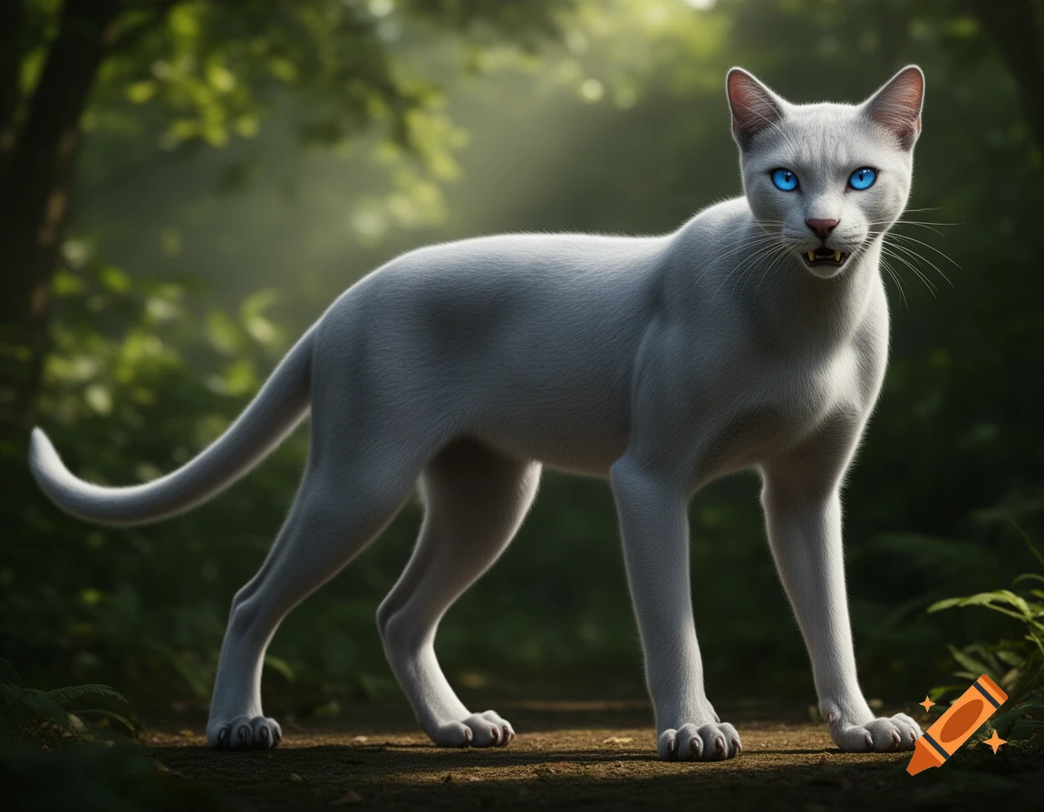 A sleek white cat with piercing blue eyes stands on a dirt path in a lush green forest, looking forward.