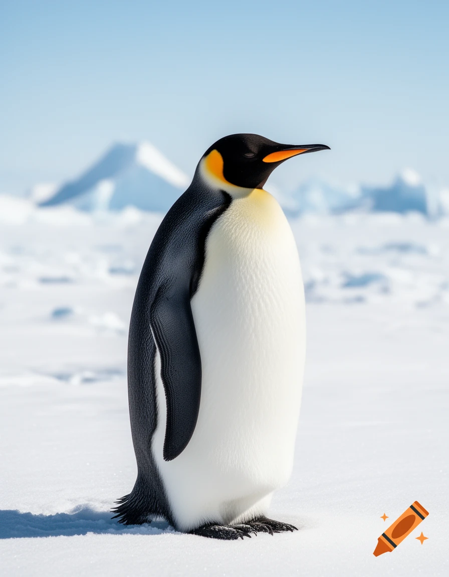 A photorealistic image of an emperor penguin standing on snow with icy mountains in the background under a blue sky.