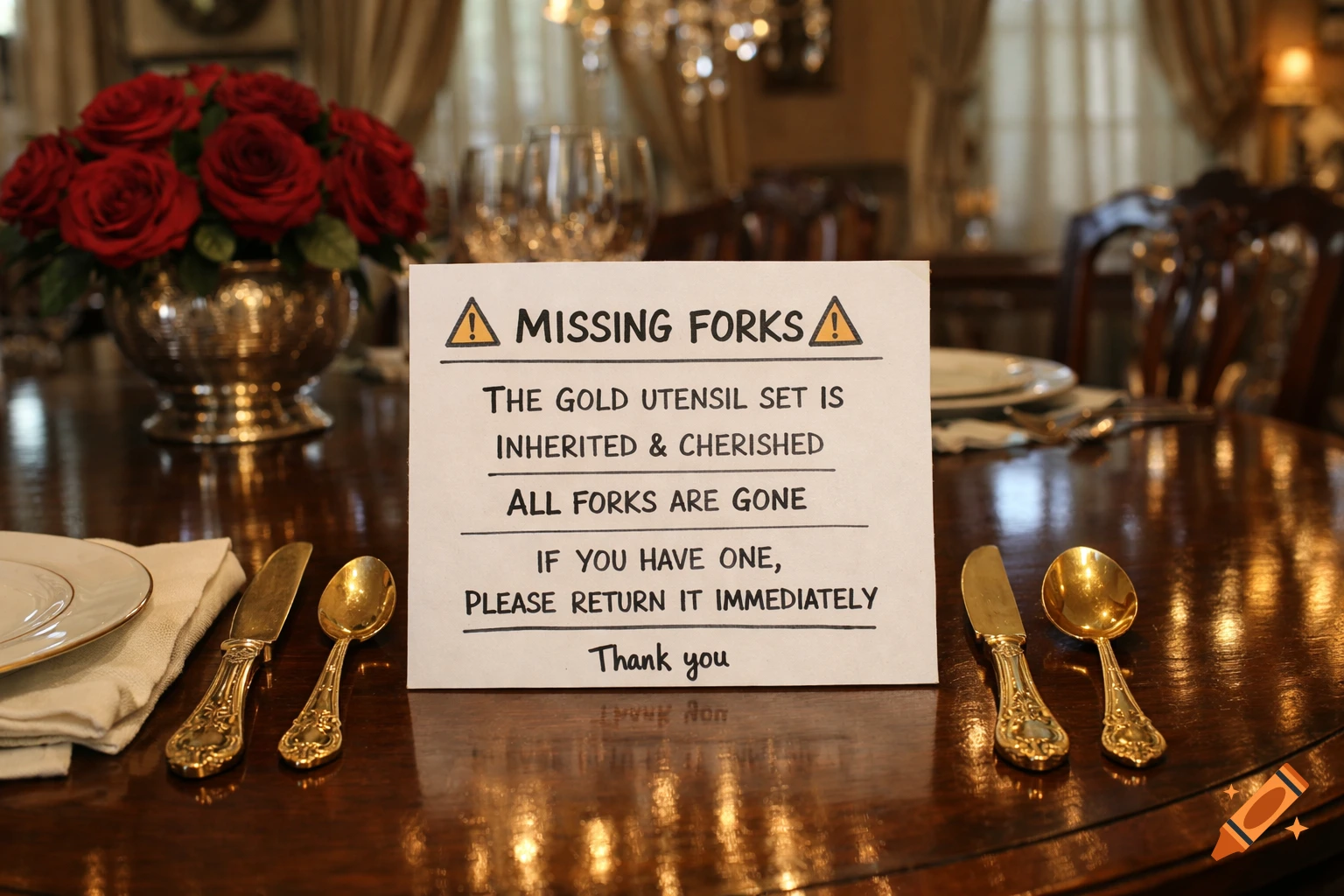 A handwritten 'Missing Forks' sign stands on a polished wooden dining table, flanked by gold knives and spoons, with a vase of red roses and elegant place settings in a formal room.