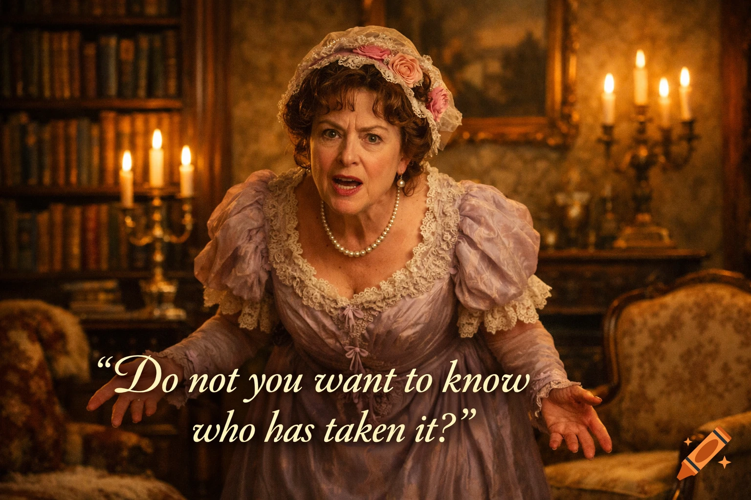 A woman in a historical purple dress and lace cap with pearls looks urgent in a dimly lit library. Text: "Do not you want to know who has taken it?"