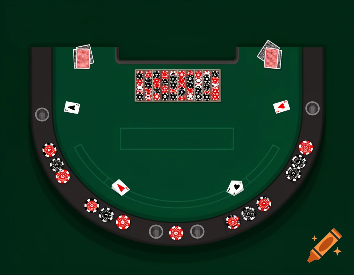 Top-down view of a green casino blackjack table with playing cards, chips, and betting areas.
