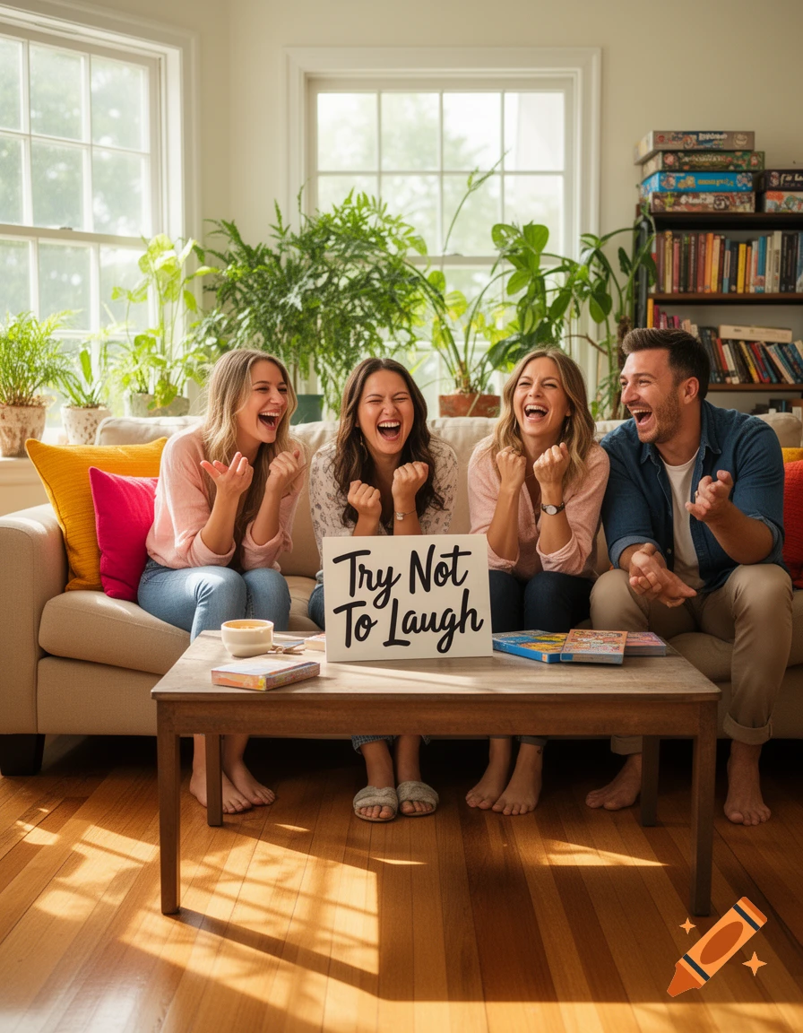 Four friends, three women and one man, laugh hysterically on a couch in a sunlit living room with a "Try Not To Laugh" sign on the coffee table.