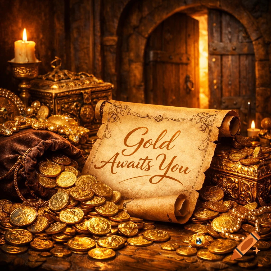 Gleaming gold coins and jewels spill from a bag next to treasure chests, with a scroll reading "Gold Awaits You" in a dark room.