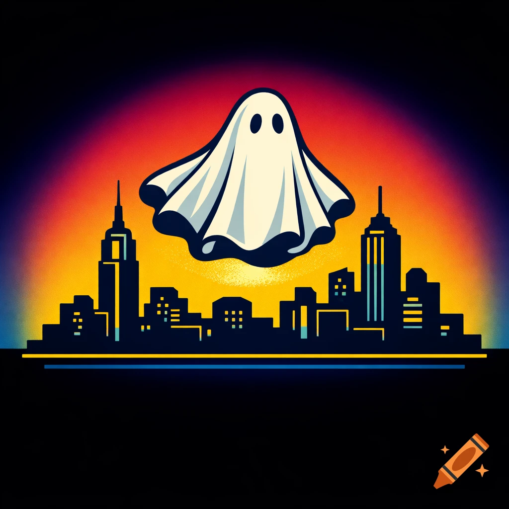 A simplistic abstract logo of a white bedsheet ghost floating above a city skyline with an orange and red sky, in a 1980s aesthetic.