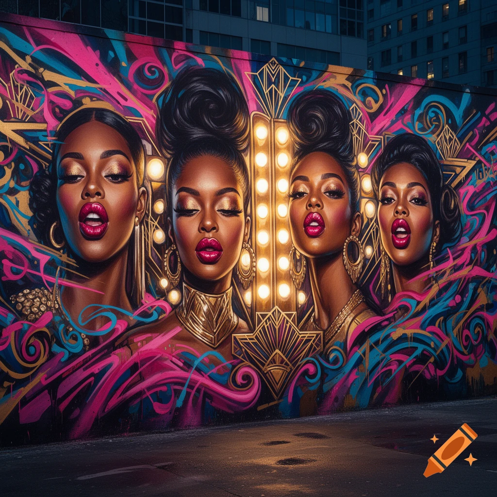 Vibrant graffiti mural featuring four glamorous African-American women with elaborate hairstyles, makeup, gold jewelry, and bright lights.
