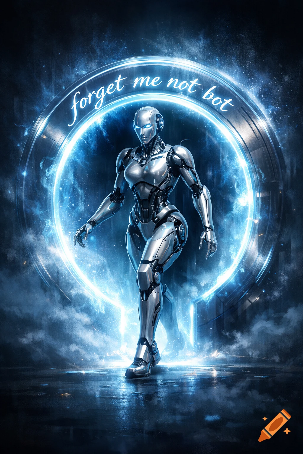 A silver humanoid robot with glowing blue eyes emerges from a luminous blue circular portal, "forget me not bot" above, sci-fi scene.