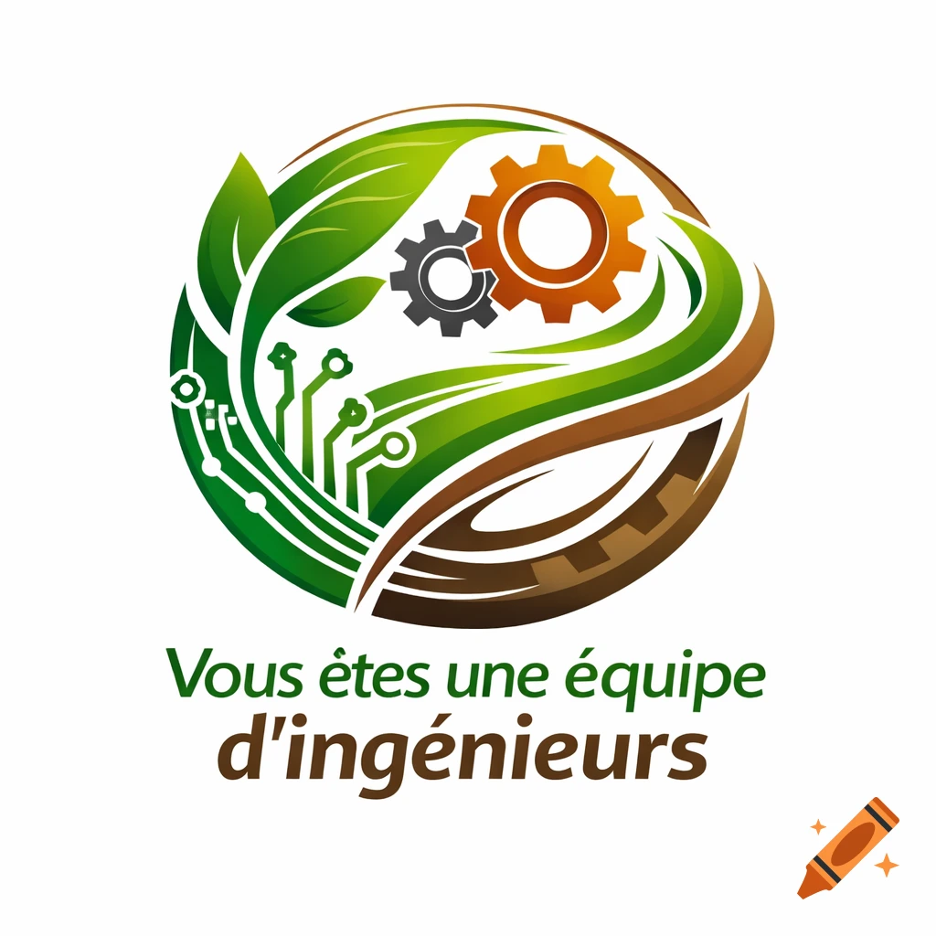 A logo featuring green leaves, circuit board elements, and interlocked gears in brown and gray, with the text 'Vous êtes une équipe d'ingénieurs' below.