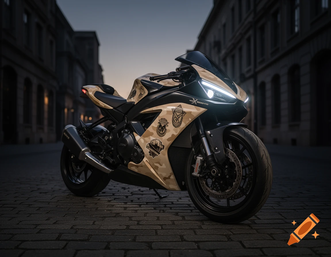 A custom Kove 800 X Pro 2026 motorcycle with military-inspired tan camouflage graphics is parked on a cobblestone street at dusk.