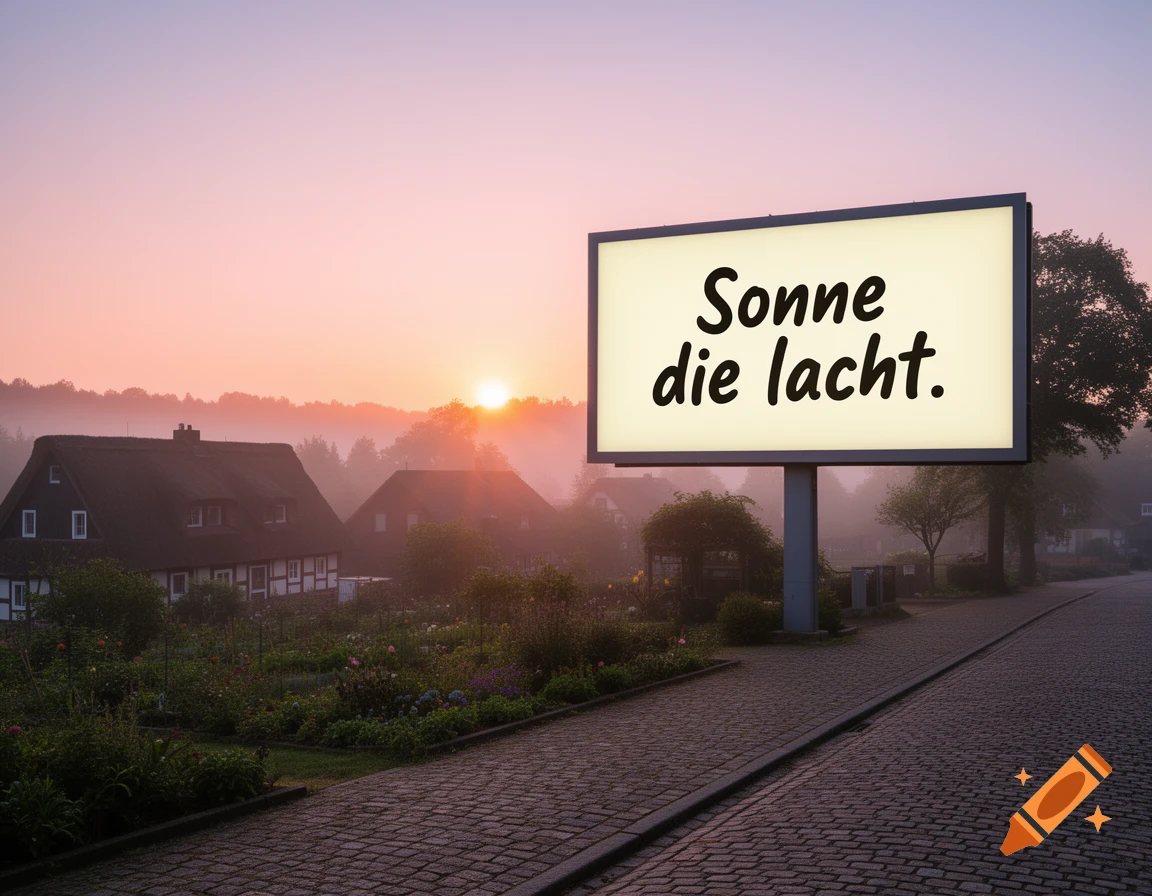 Photorealistic sunrise over a misty village, featuring a billboard on the right displaying "Sonne die lacht." on a cobblestone road.