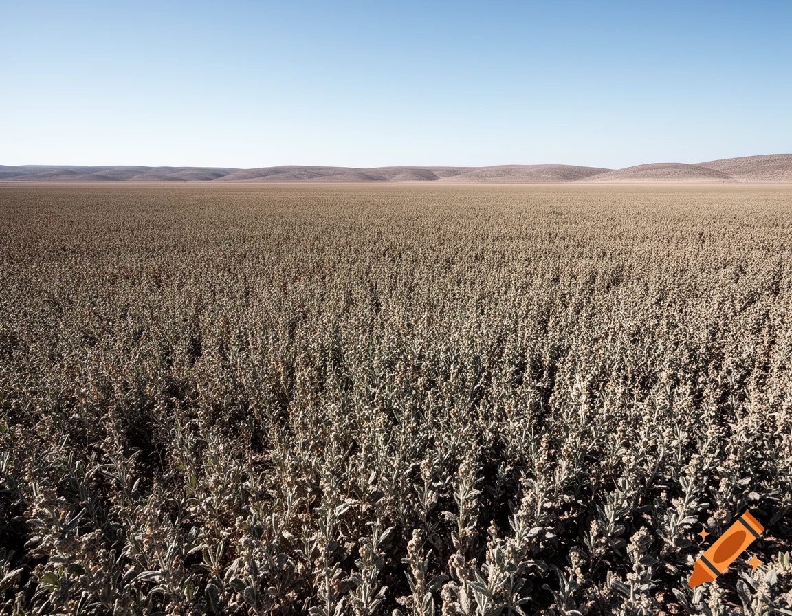A vast field of low, grayish-green plants under a clear blue sky, with rolling hills on the horizon.