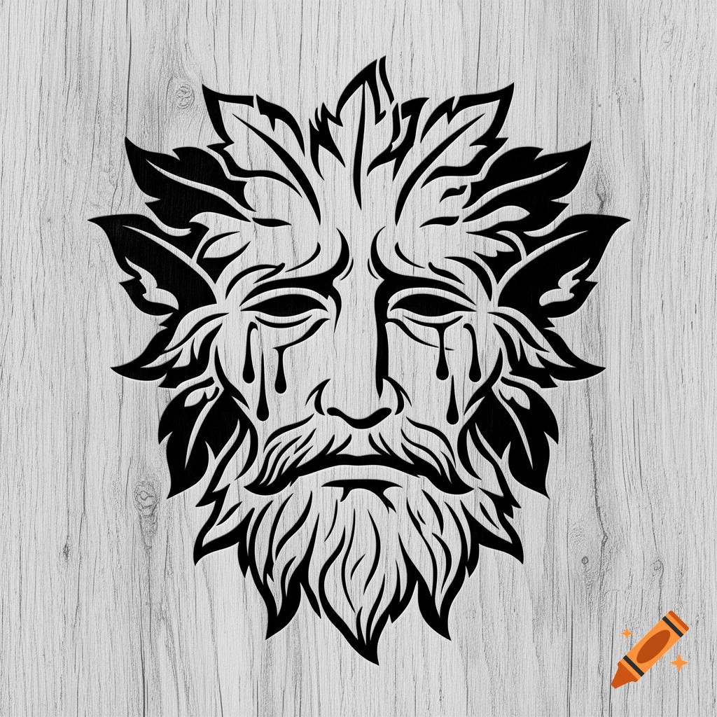 Black and white stylized stencil of a sad, crying Green Man face made of oak leaves, on a wood background.