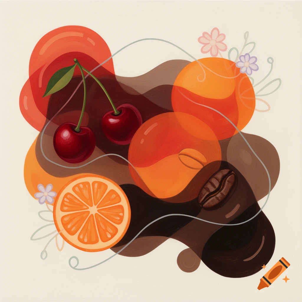 Abstract art with two cherries, an orange slice, and a coffee bean among flowing brown and orange shapes, accented by lines and small flowers.