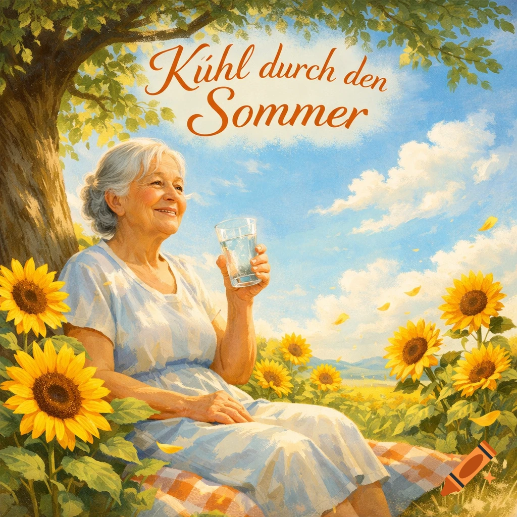 Elderly woman relaxing under a tree in a sunny sunflower field, drinking water, with 'Kühl durch den Sommer' text, illustration style.