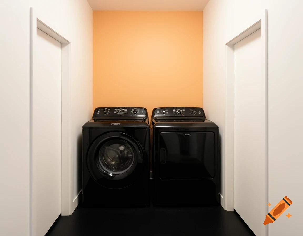 A modern laundry room with black washer and dryer, orange accent wall, white walls, and a black floor.