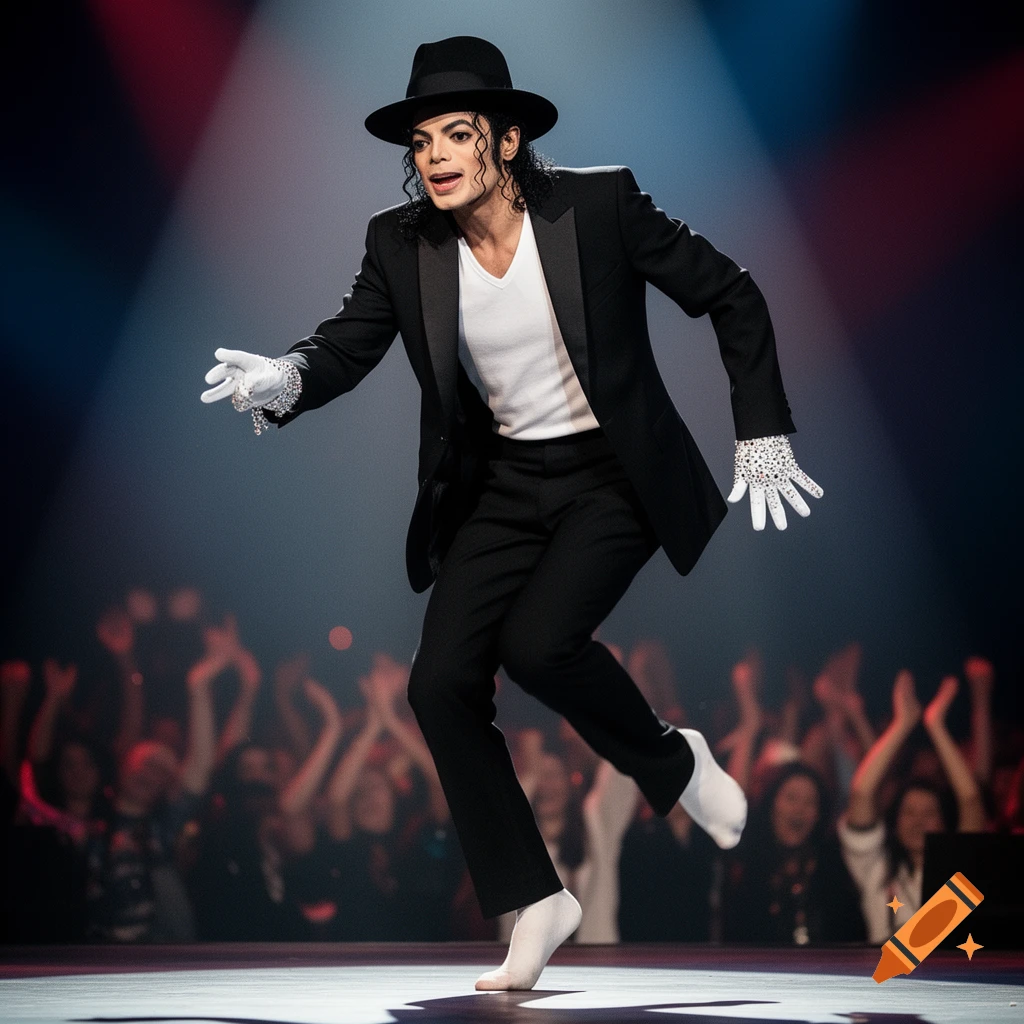 Michael Jackson performing a dance move on stage under spotlights, wearing a black suit, hat, and white gloves.