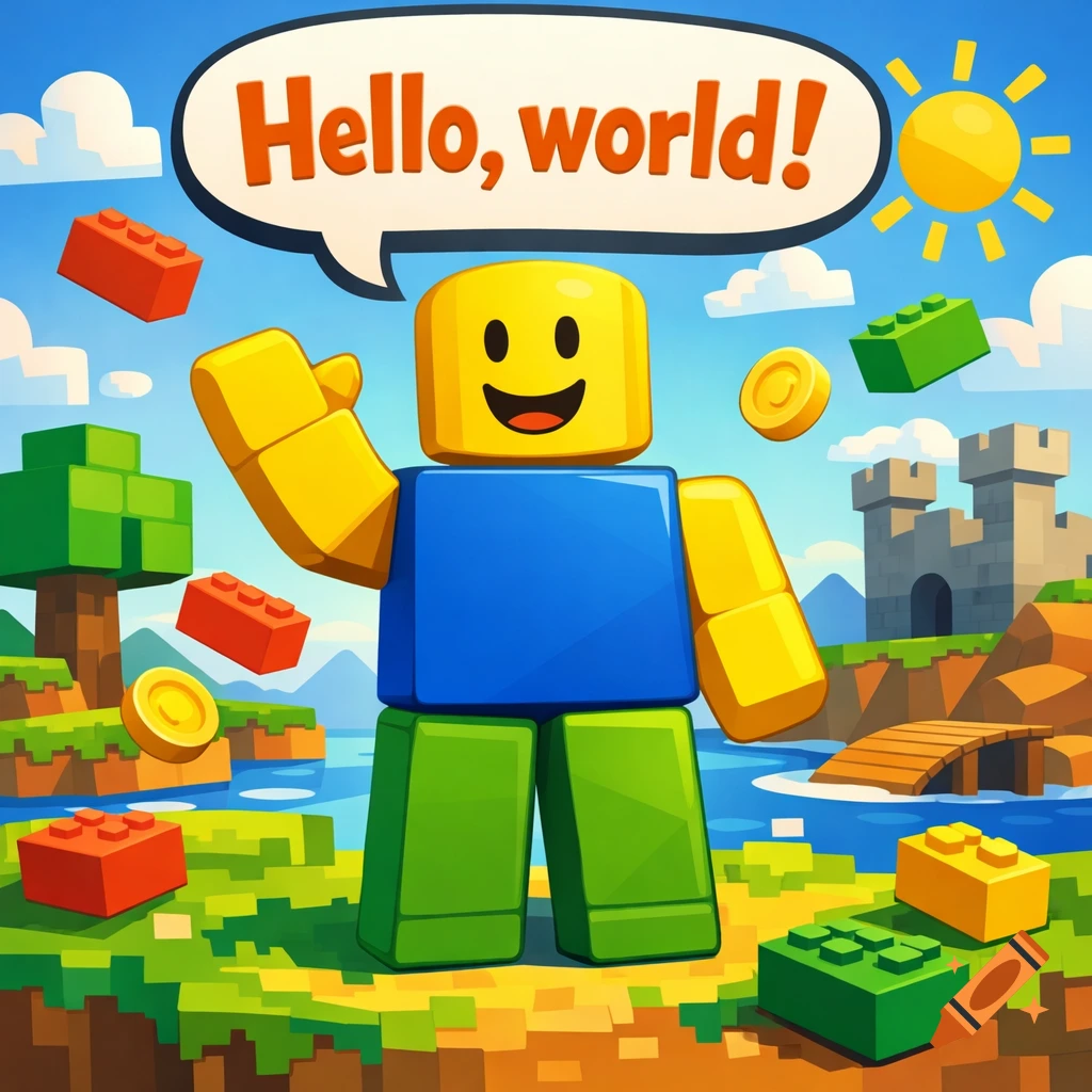 A friendly Roblox 'noob' character waves in a blocky video game landscape with a 'Hello, world!' speech bubble.