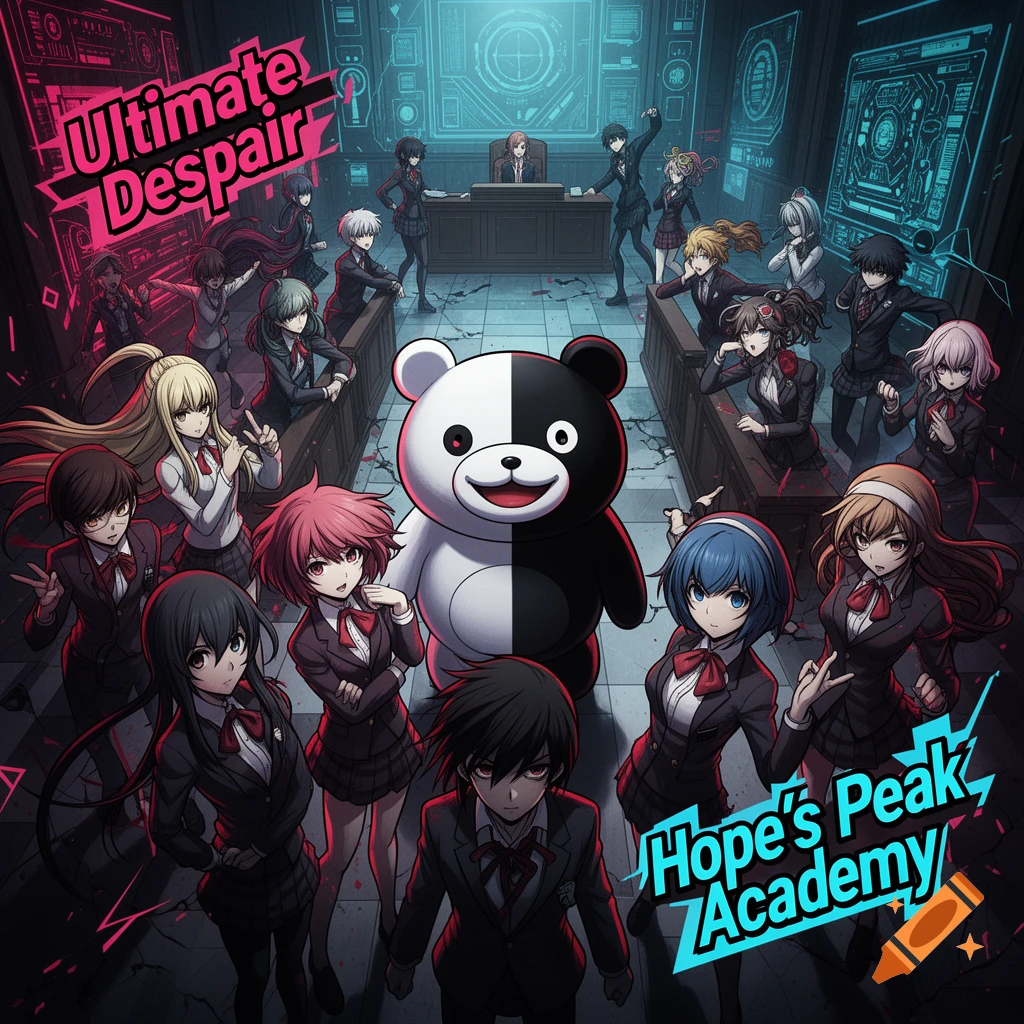 Anime characters and Monokuma mascot in a stylized courtroom, with "Ultimate Despair" and "Hope's Peak Academy" text.