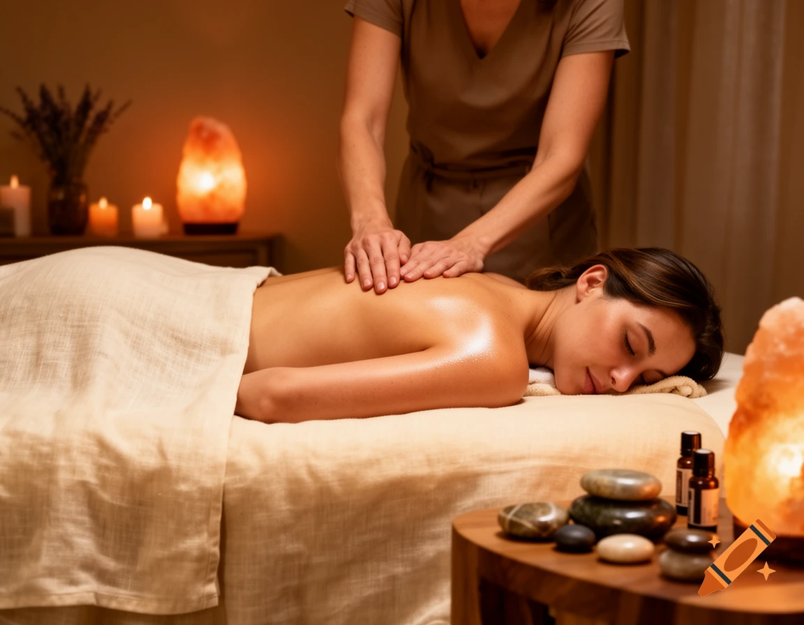 A woman lies on a massage table receiving a back massage in a dimly lit spa room with glowing salt lamps and essential oils.