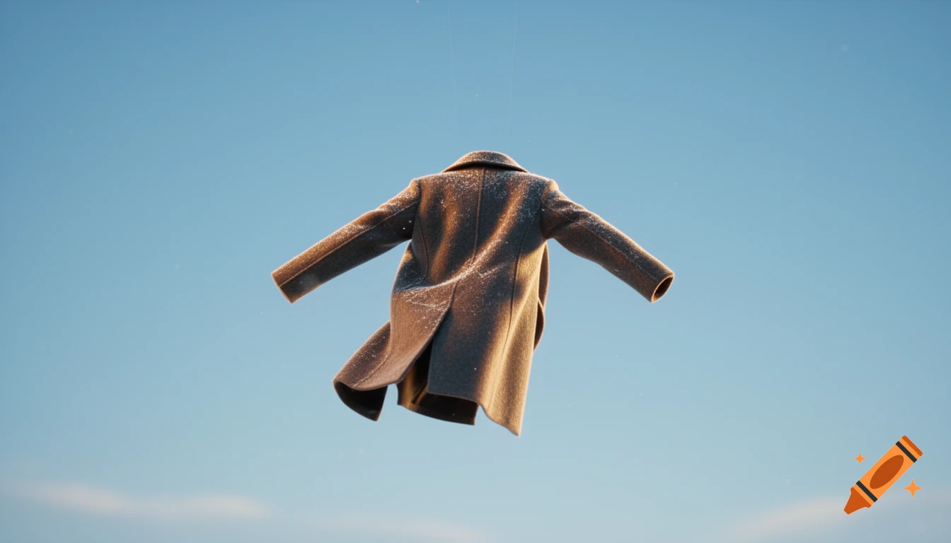 A winter coat, covered in white specks, floats against a clear blue sky with its arms outstretched.