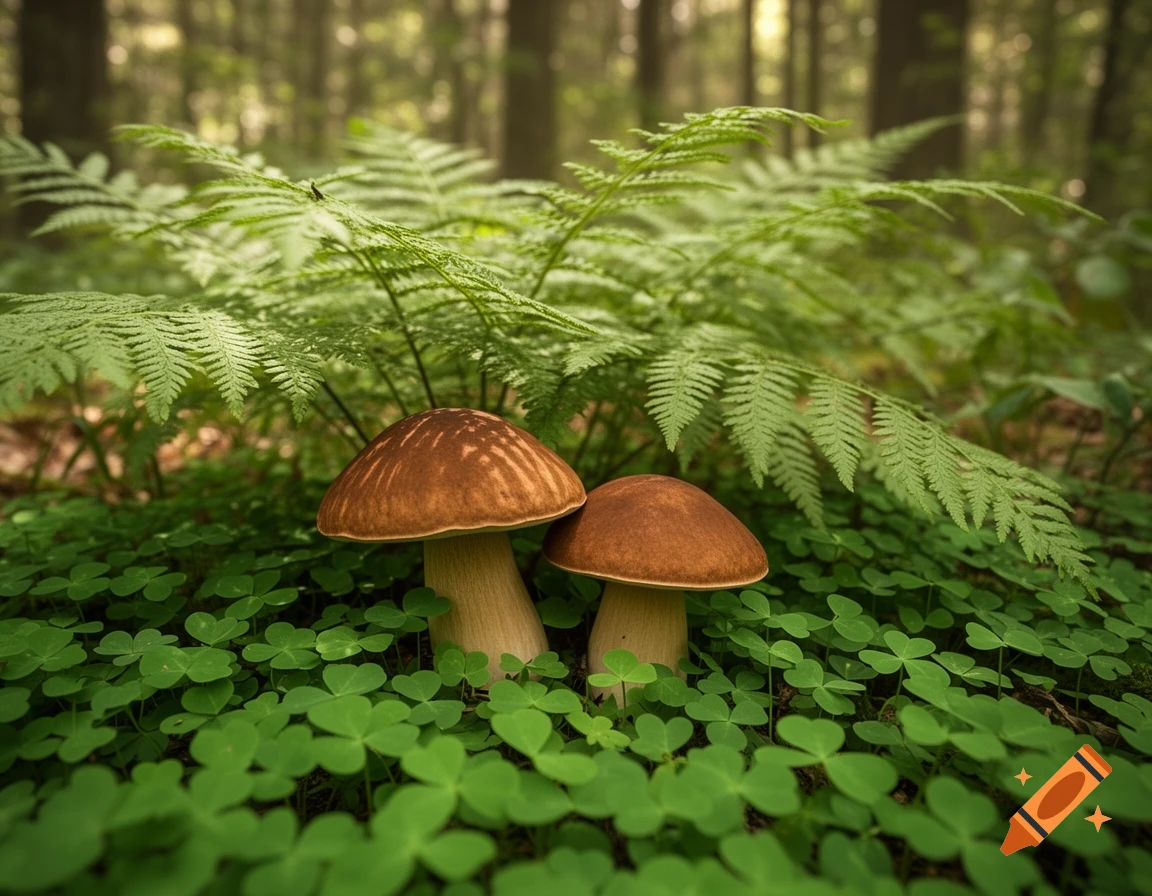 Photorealistic close-up of two brown mushrooms under green ferns on a bed of clover in a forest.