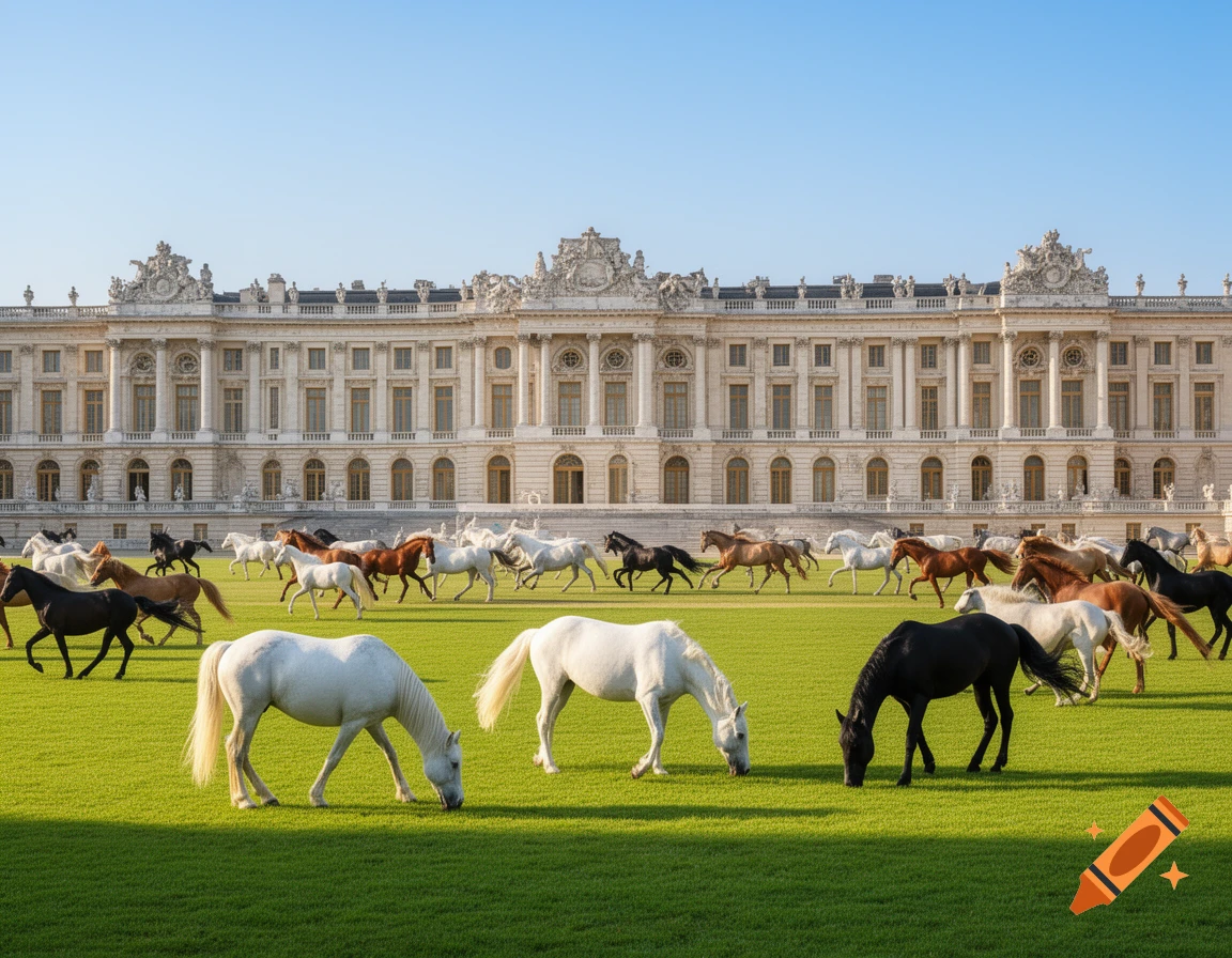 A herd of horses, black, white, and brown, graze and run on a green lawn in front of a grand, ornate palace under a clear sky.