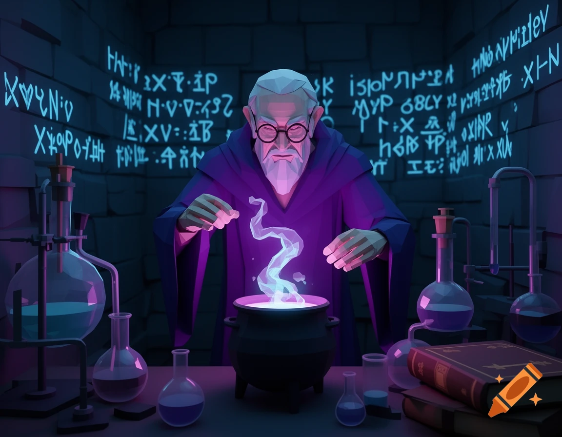 Low-poly 3D alchemist wizard in a purple robe stirring a glowing cauldron in a dimly lit lab with mystical symbols.