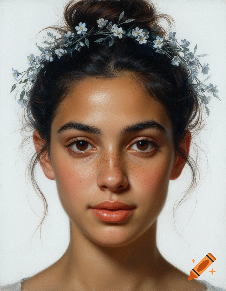 Close-up oil painting portrait of a young woman with dark hair in a floral messy bun, freckles, and a healthy skin tone.