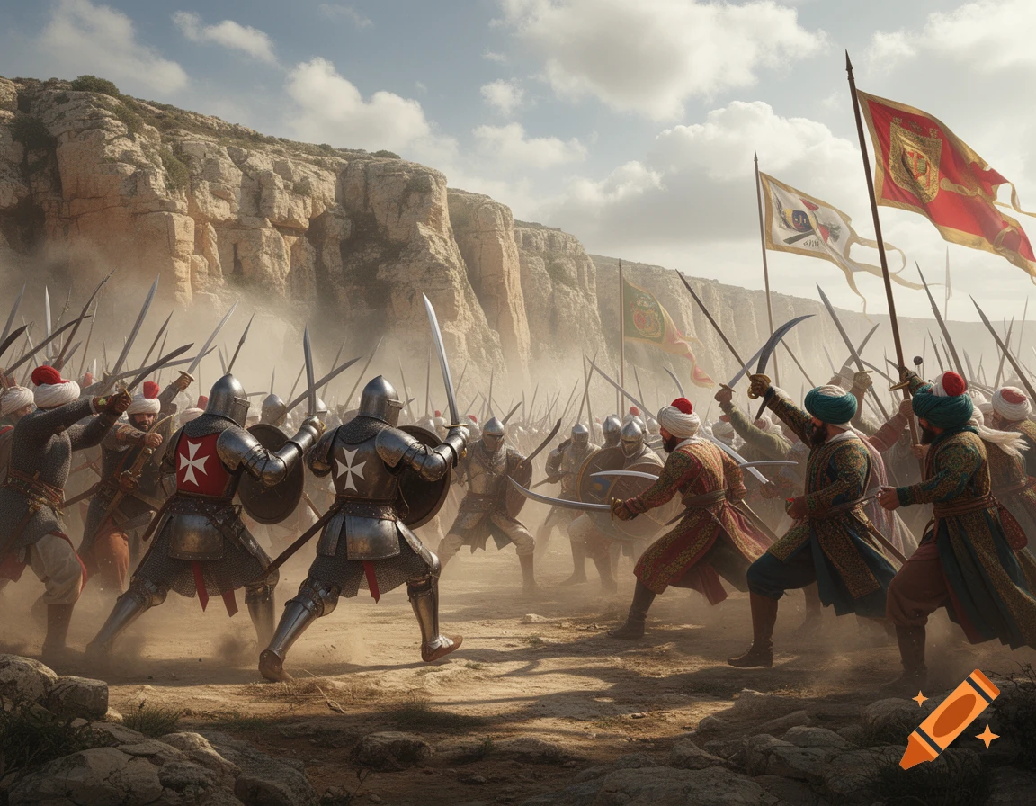 A dramatic historical battle scene showing Knights Hospitaller in armor clashing with Ottoman soldiers, swords raised amidst dust, with flags under a cloudy sky.