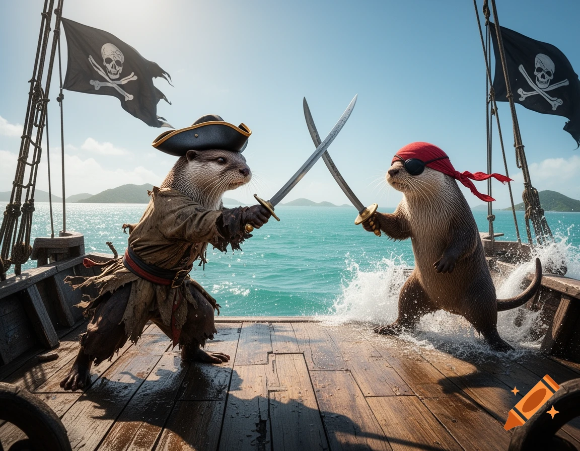 Two photorealistic pirate otters sword fighting on a wooden ship deck, with pirate flags flying and the ocean in the background.