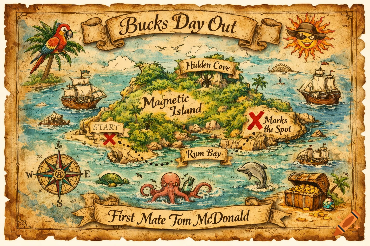 A vintage-style pirate treasure map of Magnetic Island, labeled 'Bucks Day Out' and 'First Mate Tom McDonald', showing ships, a parrot, and sea creatures.