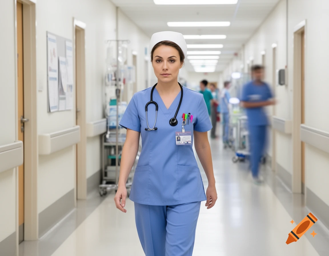 A female nurse in a light blue scrub uniform and cap walks down a brightly lit hospital corridor.
