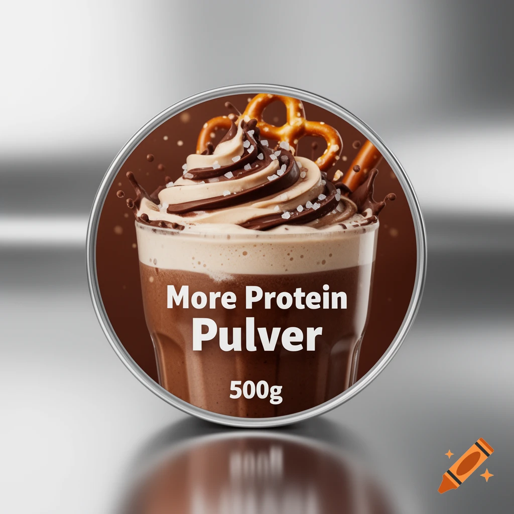 A photorealistic round product label for chocolate protein powder, featuring a milkshake with whipped cream, pretzels, and 'More Protein Pulver 500g' text.