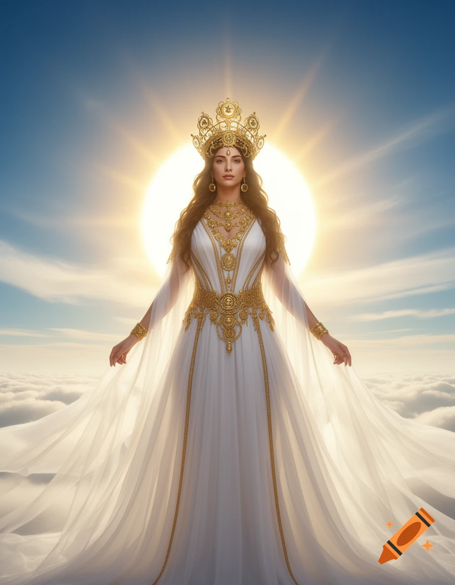 A goddess in a white gown and gold jewelry stands above clouds with a brilliant sun behind her, photorealistic.