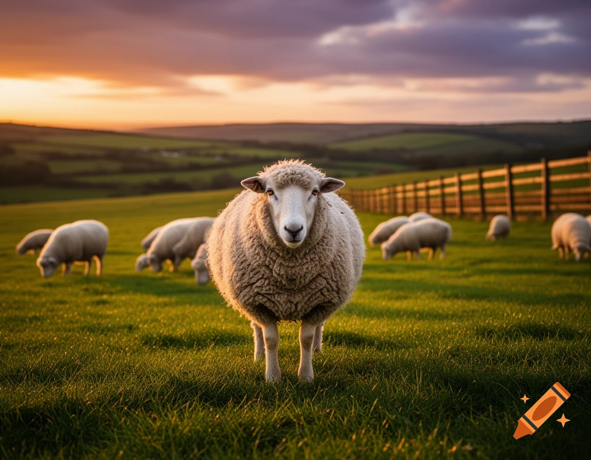 A sheep stands in a green pasture at sunset, with other sheep grazing in the background and a wooden fence.