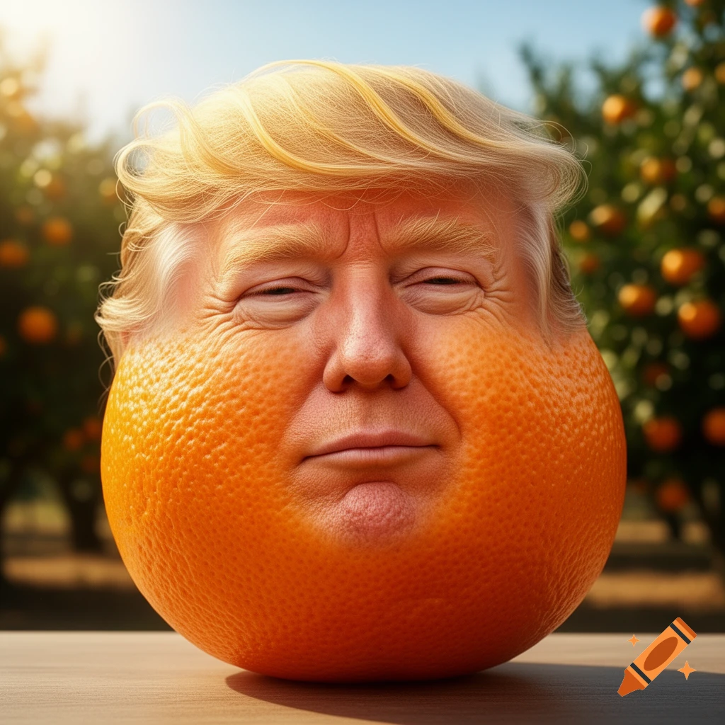 Donald Trump's face and blonde hair are blended onto a large orange on a wooden surface in an orange grove under a sunny sky.