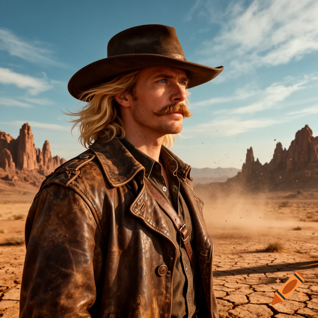 A blonde-haired cowboy with a mustache and leather jacket gazes across a dusty desert with rock formations.