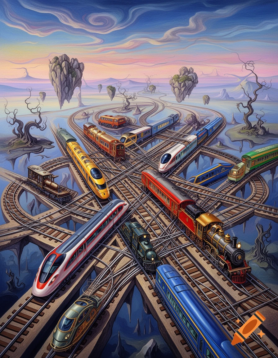 A surreal illustration of many colorful trains on an intricate, criss-crossing railway system in a fantasy landscape with floating islands.
