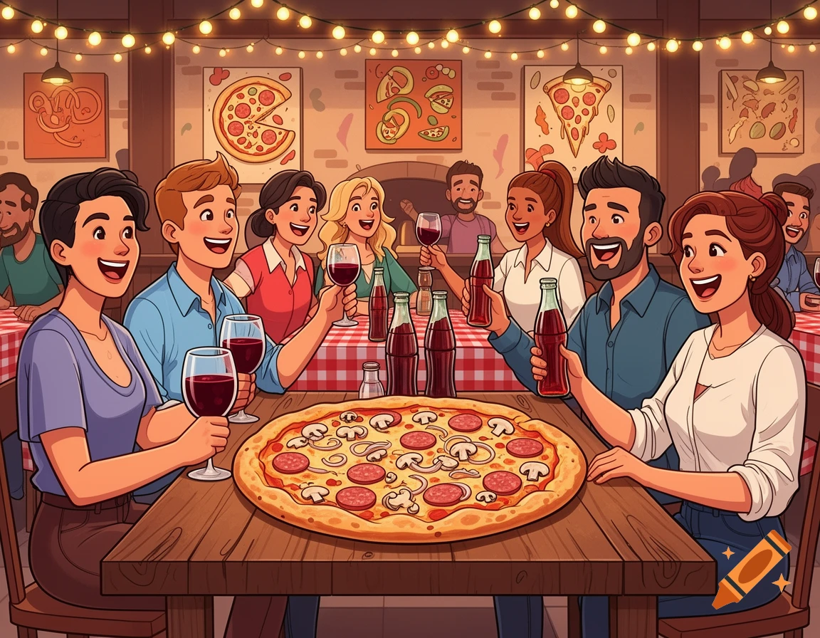 A group of friends enjoys pizza, wine, and soda at a lively cartoon pizza restaurant.