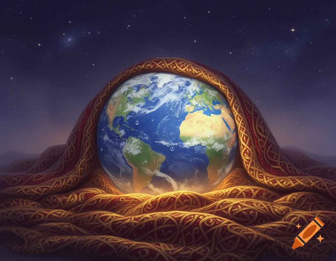 Planet Earth partially covered by a glowing, ornate red and gold blanket, against a starry night sky.