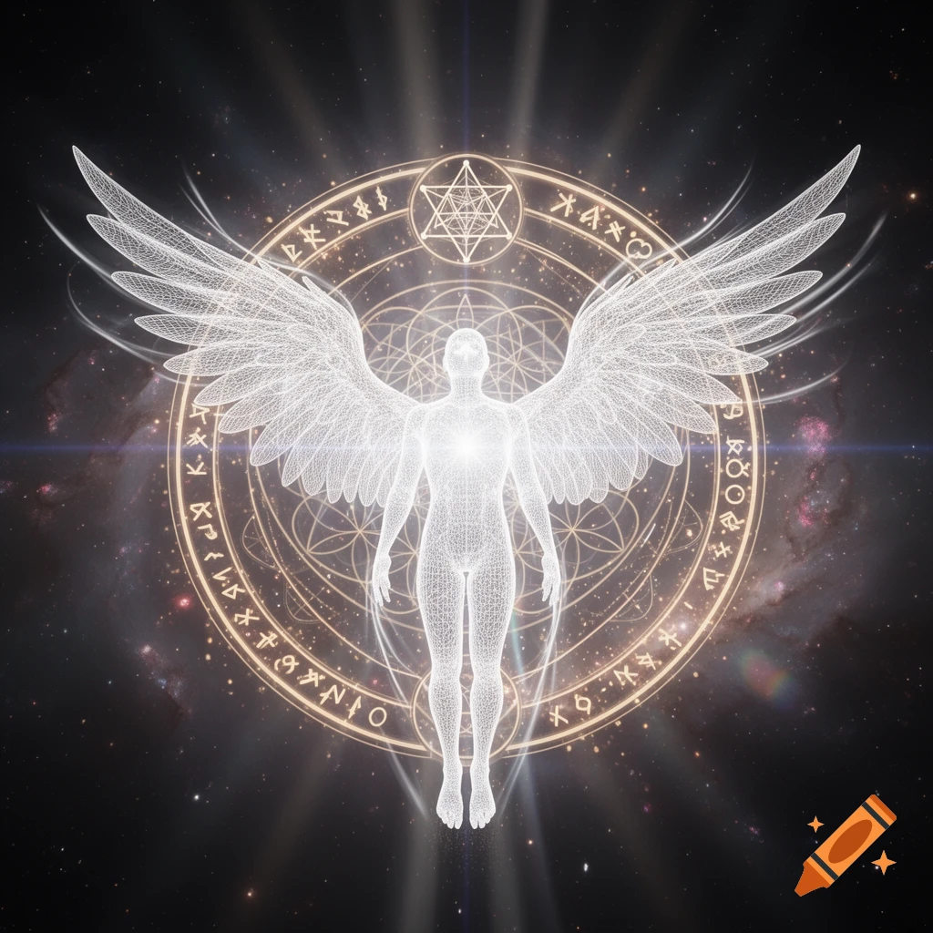A glowing wireframe angel with large wings stands before a luminous sacred geometry circle filled with runes in a cosmic background.