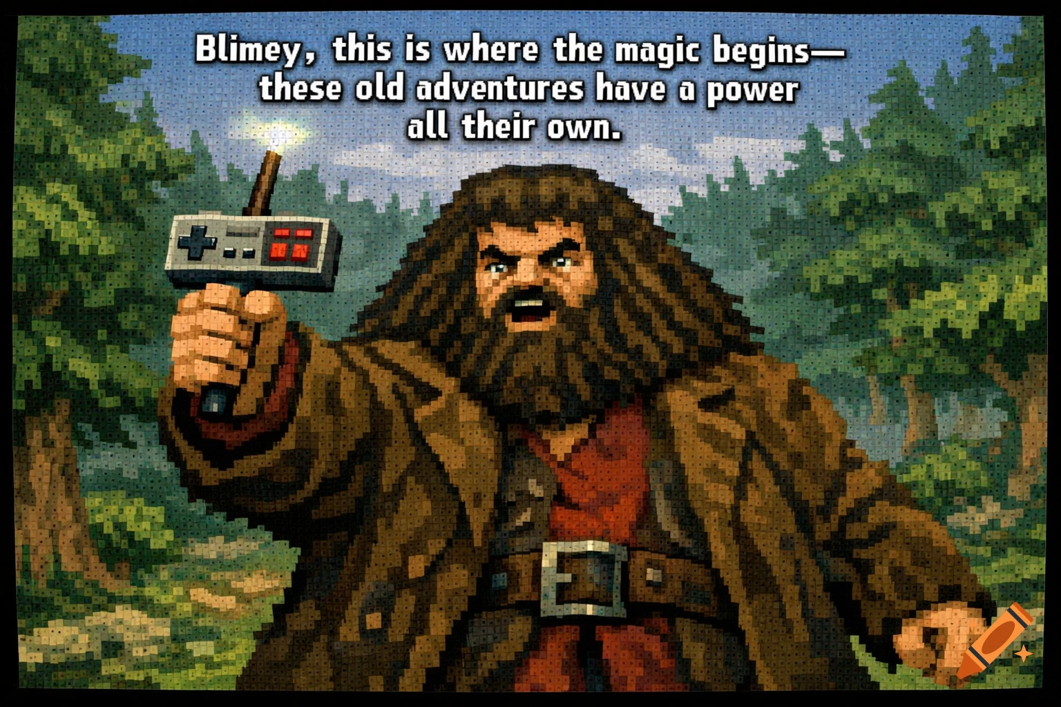 Pixel art of Hagrid holding a game controller-wand in a forest, with a meme-style caption.