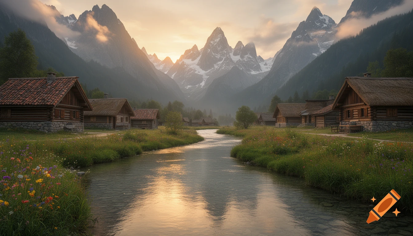 A serene village with wooden cabins and thatched roofs lining a winding river, surrounded by majestic snow-capped mountains at sunrise.