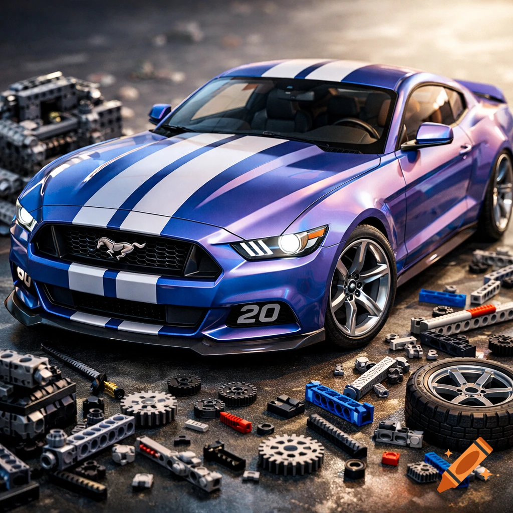 A blue and purple Ford Mustang with white racing stripes and the number '20' on the front bumper, surrounded by scattered Lego Technic pieces on a concrete surface.