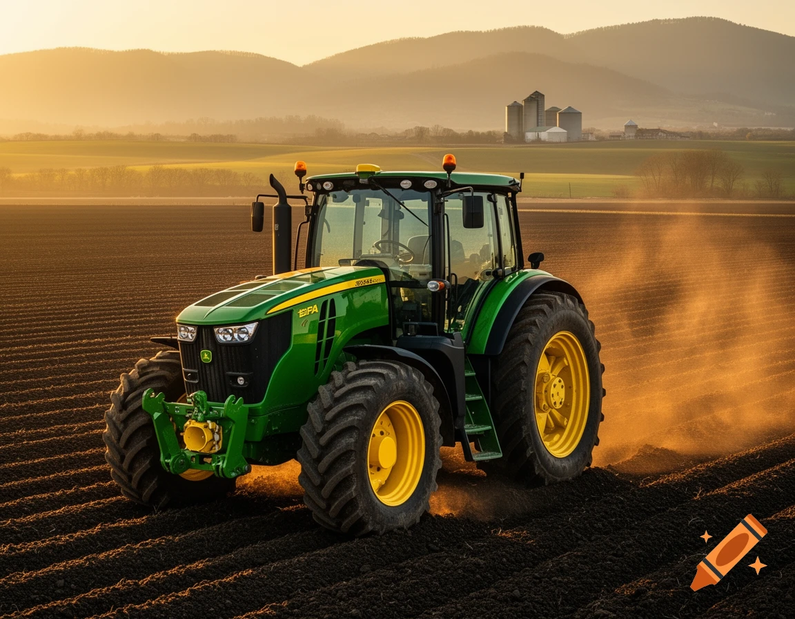 Photorealistic image of a green and yellow tractor in a plowed field at sunset, with distant silos.