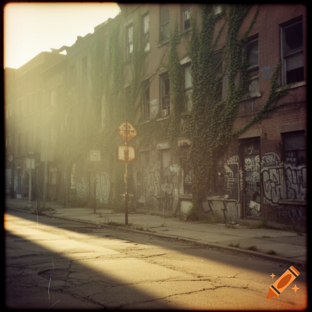 A faded, grainy analog film photo of a sunlit, graffiti-covered urban street with ivy growing on old brick buildings.