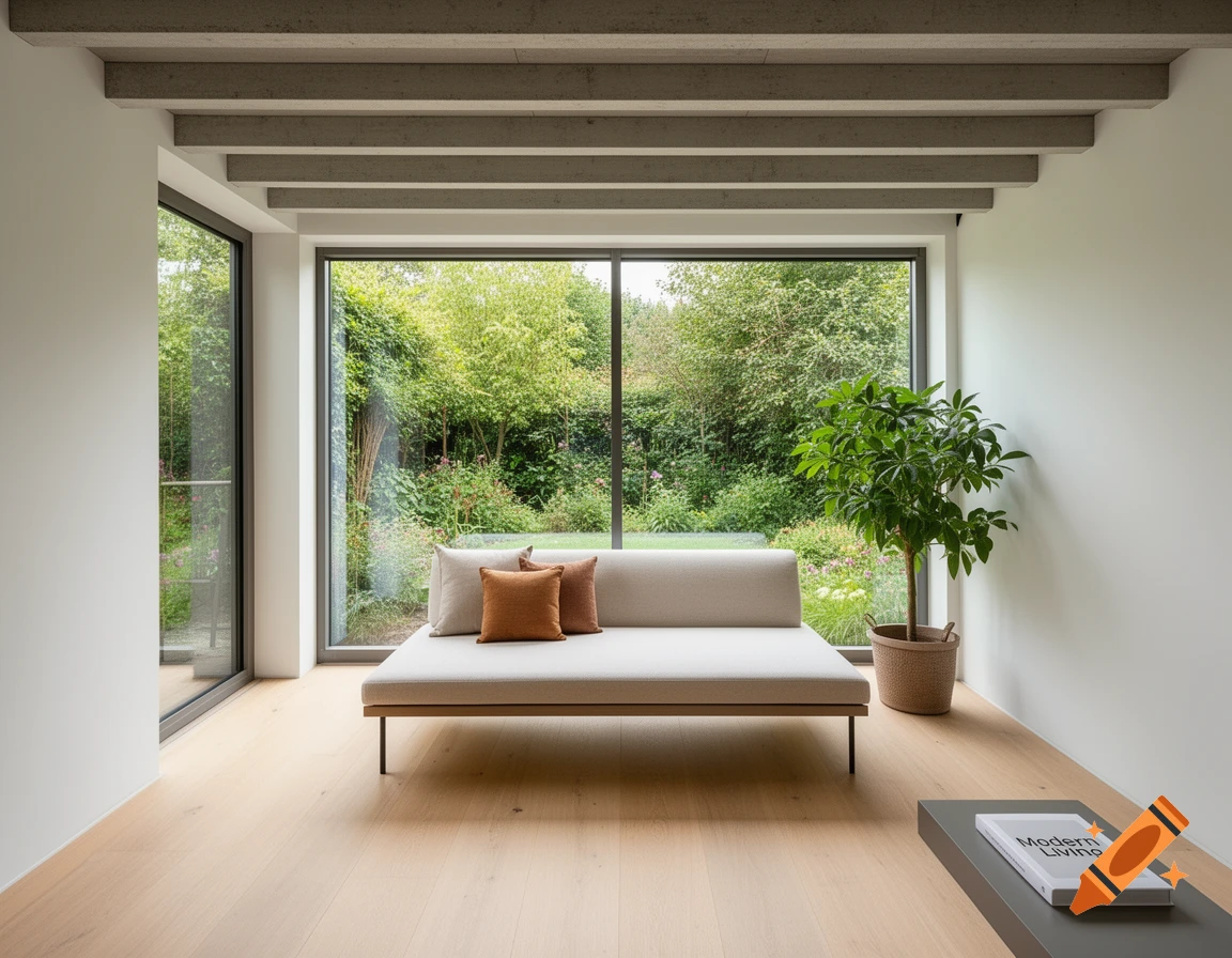 A bright, modern interior featuring a daybed with pillows, a potted plant, and a book on a low table, overlooking a lush garden.