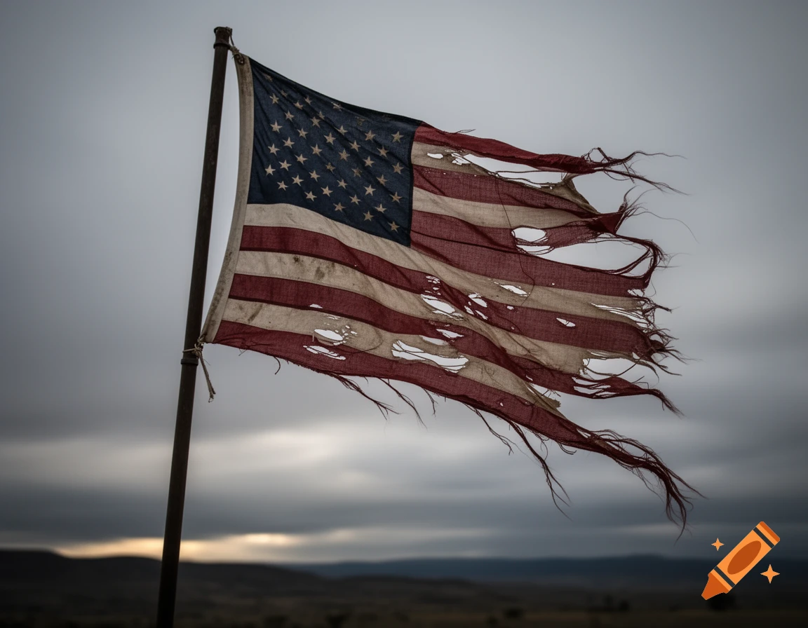 A tattered and torn American flag waves on a pole against a dark, cloudy sky, evoking a somber, photorealistic mood.